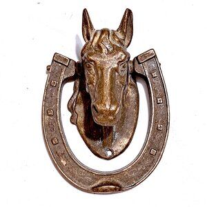 Vintage Solid Brass Horse Head Door Knocker with Horse Shoe -Equestrian Decr 6”